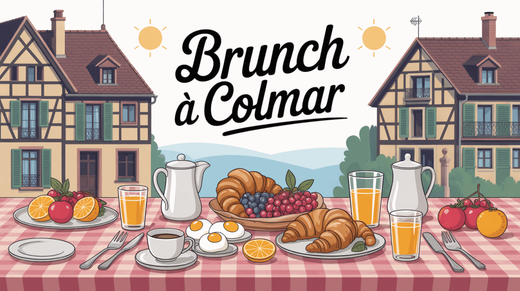 Table brunch Colmar avec croissants et maisons alsaciennes