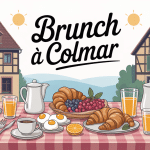 Table brunch Colmar avec croissants et maisons alsaciennes