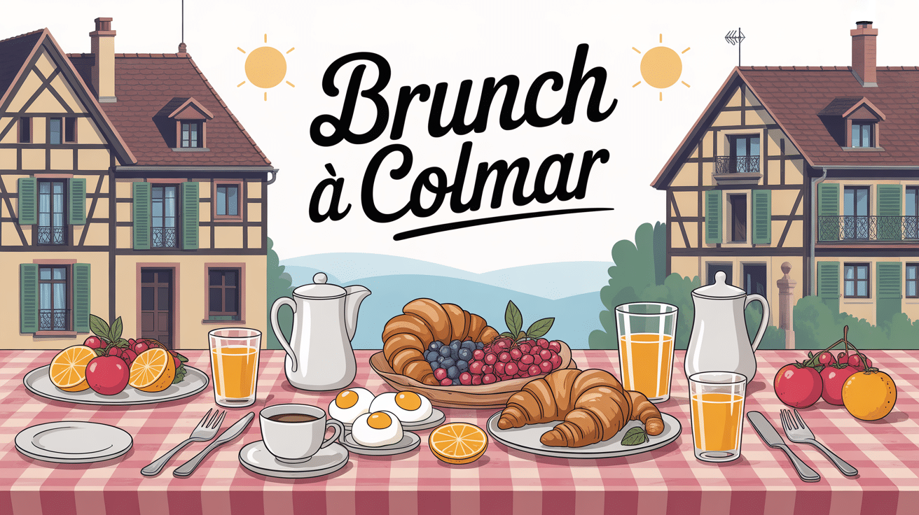 Table brunch Colmar avec croissants et maisons alsaciennes