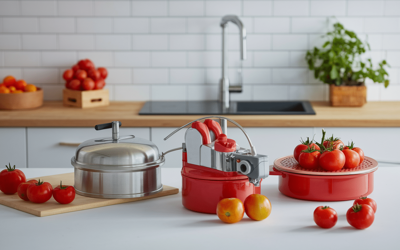 Différents coupe tomates posés sur plan de travail