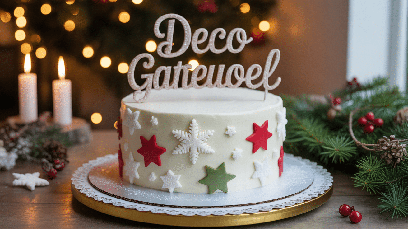 Deco gateau Noel avec glacage blanc etoiles rouges et vertes flocons houx