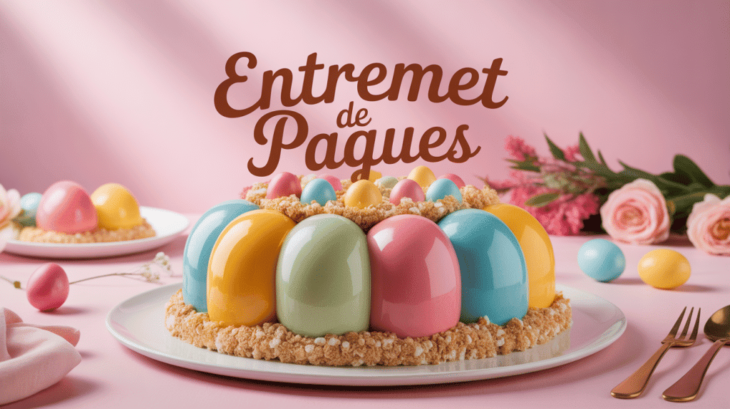 entremet paques élégant glaçage miroir décor œufs fleurs
