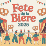 Scène festive fête de la bière 2024 avec tentes costumes et chopes