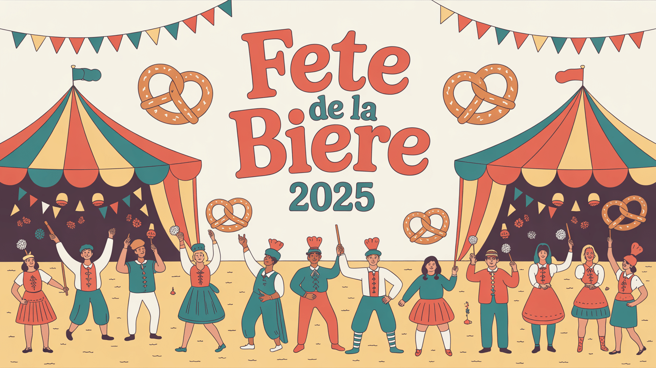 Scène festive fête de la bière 2024 avec tentes costumes et chopes