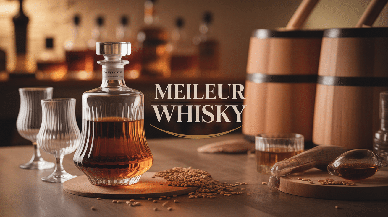 Meilleur whisky bouteille premium avec verres tulipe et fûts