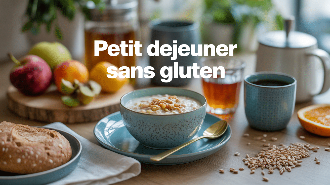 Petit déjeuner sans gluten avec porridge, fruits et pain sans gluten