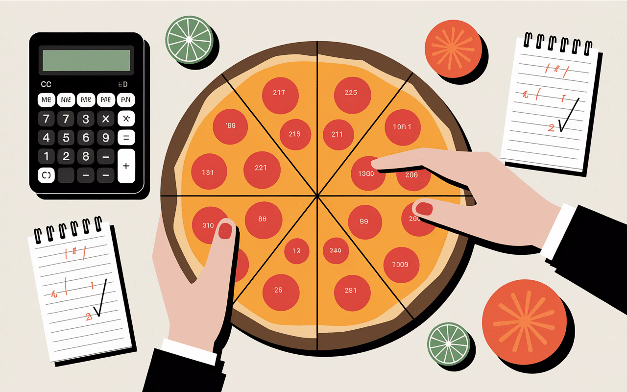 pizza taille calcul parts et mains