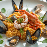 assiette de risotto frutti di mare fumant avec crevettes et moules