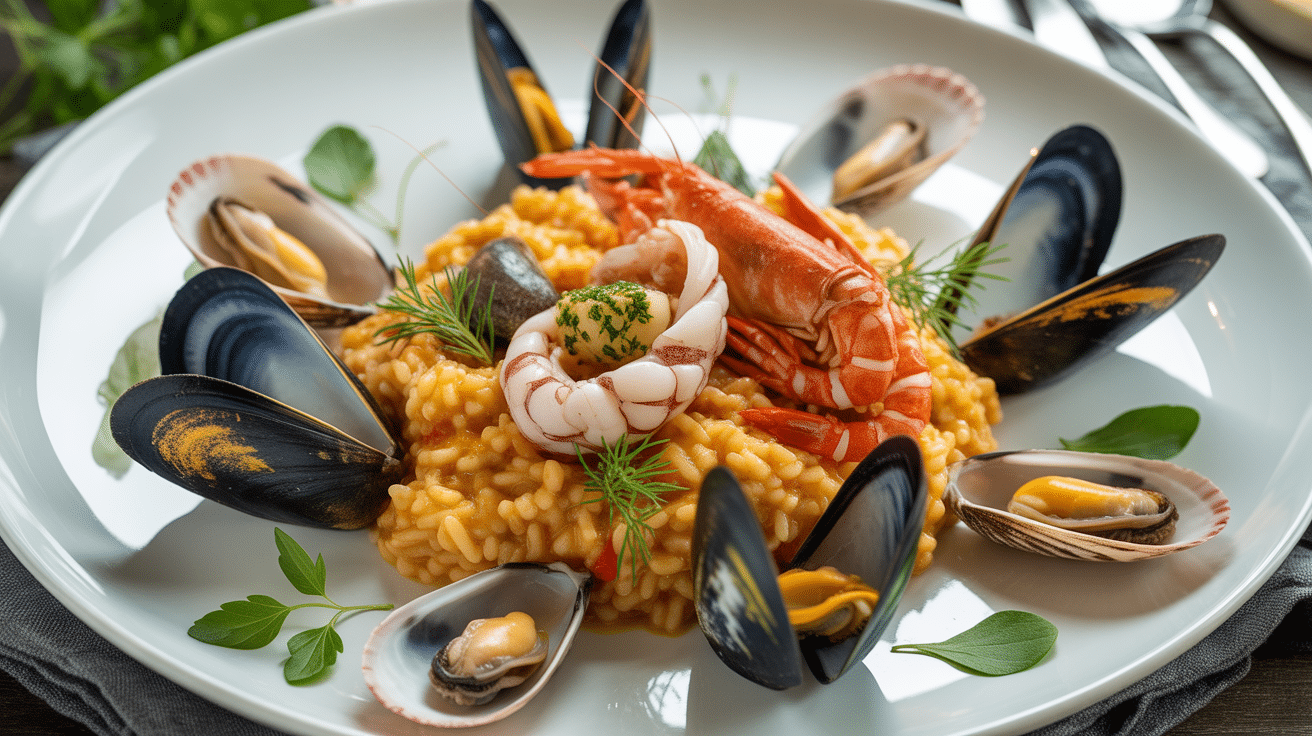 assiette de risotto frutti di mare fumant avec crevettes et moules