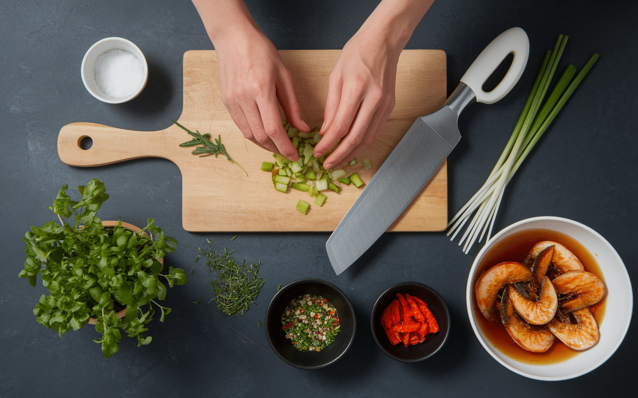 Préparation découpe salade vietnamienne crevette