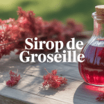 Bouteille de sirop de groseille entourée de groseilles fraîches