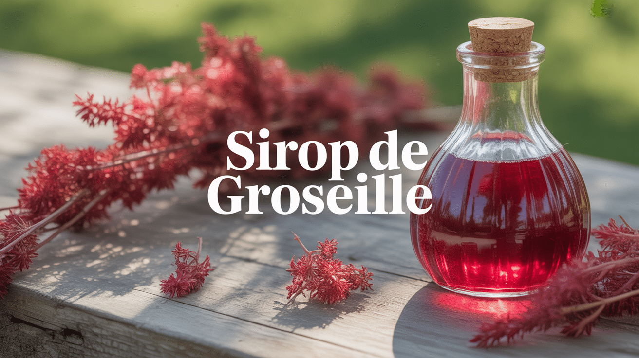 Bouteille de sirop de groseille entourée de groseilles fraîches