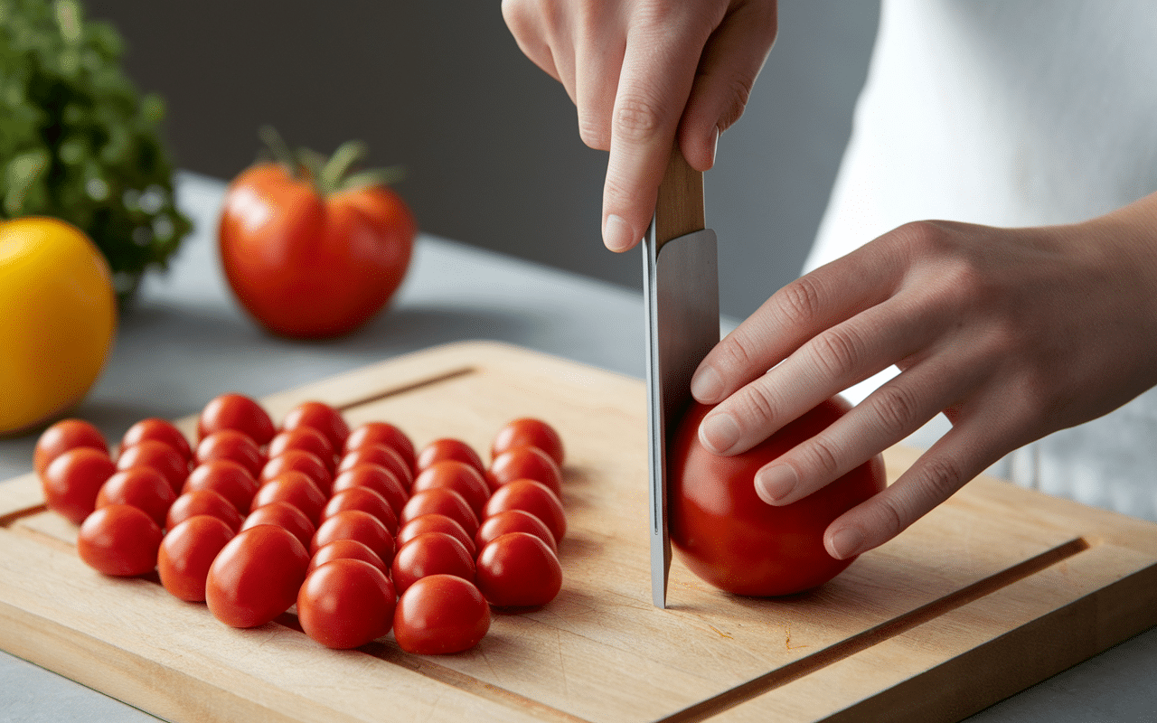 Geste technique coupe tomates en action