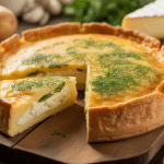 Tourte pomme de terre fromage dorée sur planche avec ingrédients frais