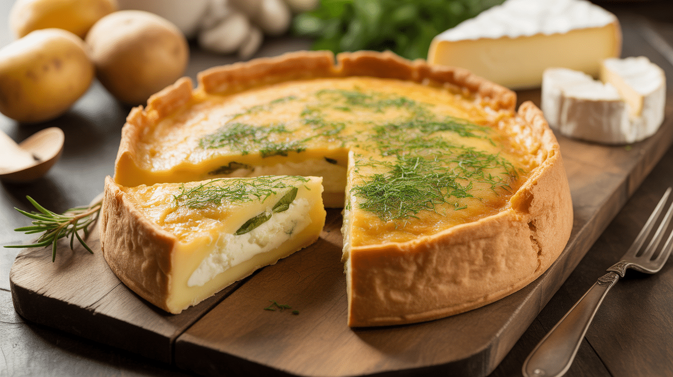 Tourte pomme de terre fromage dorée sur planche avec ingrédients frais