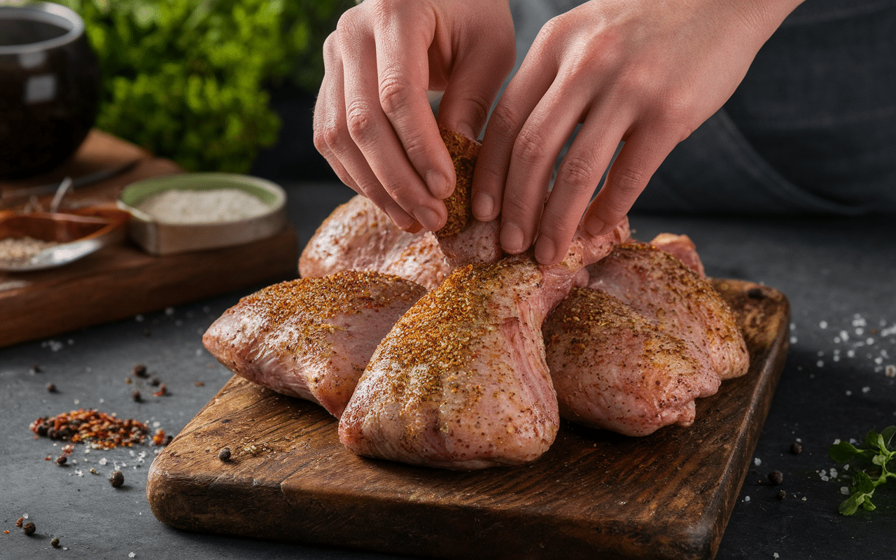 Massage assaisonnement poulet cru épices