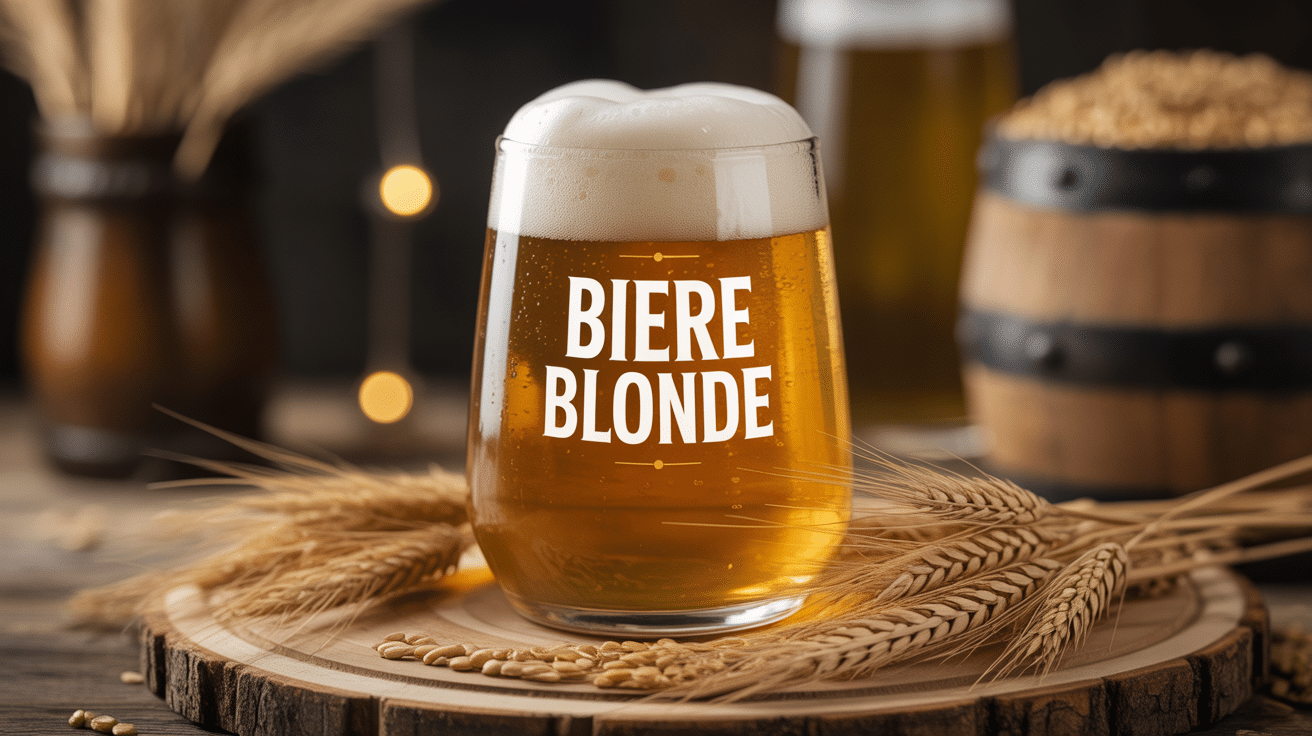 Verre de bière blonde dorée avec houblon sur table