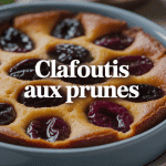 Clafoutis aux prunes doré dans plat en céramique