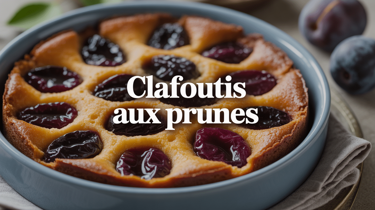 Clafoutis aux prunes doré dans plat en céramique
