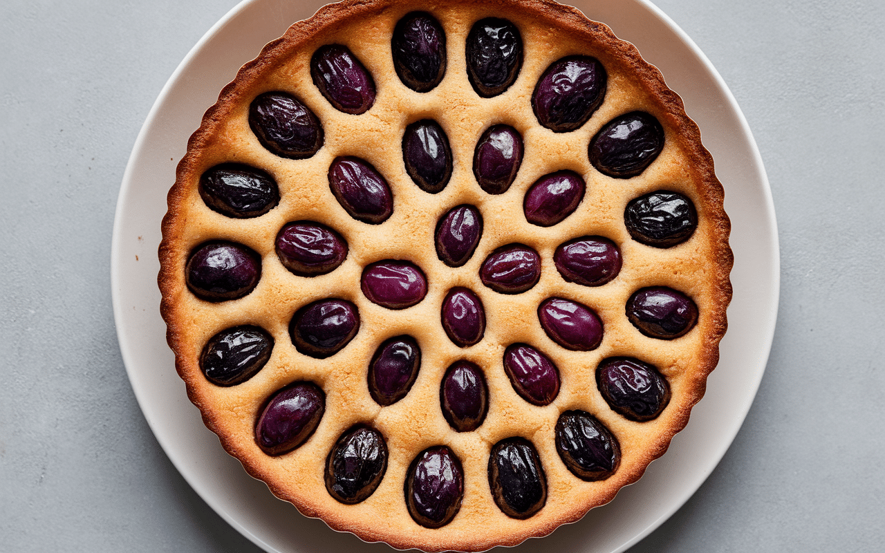 Clafoutis aux prunes maison sur plat blanc