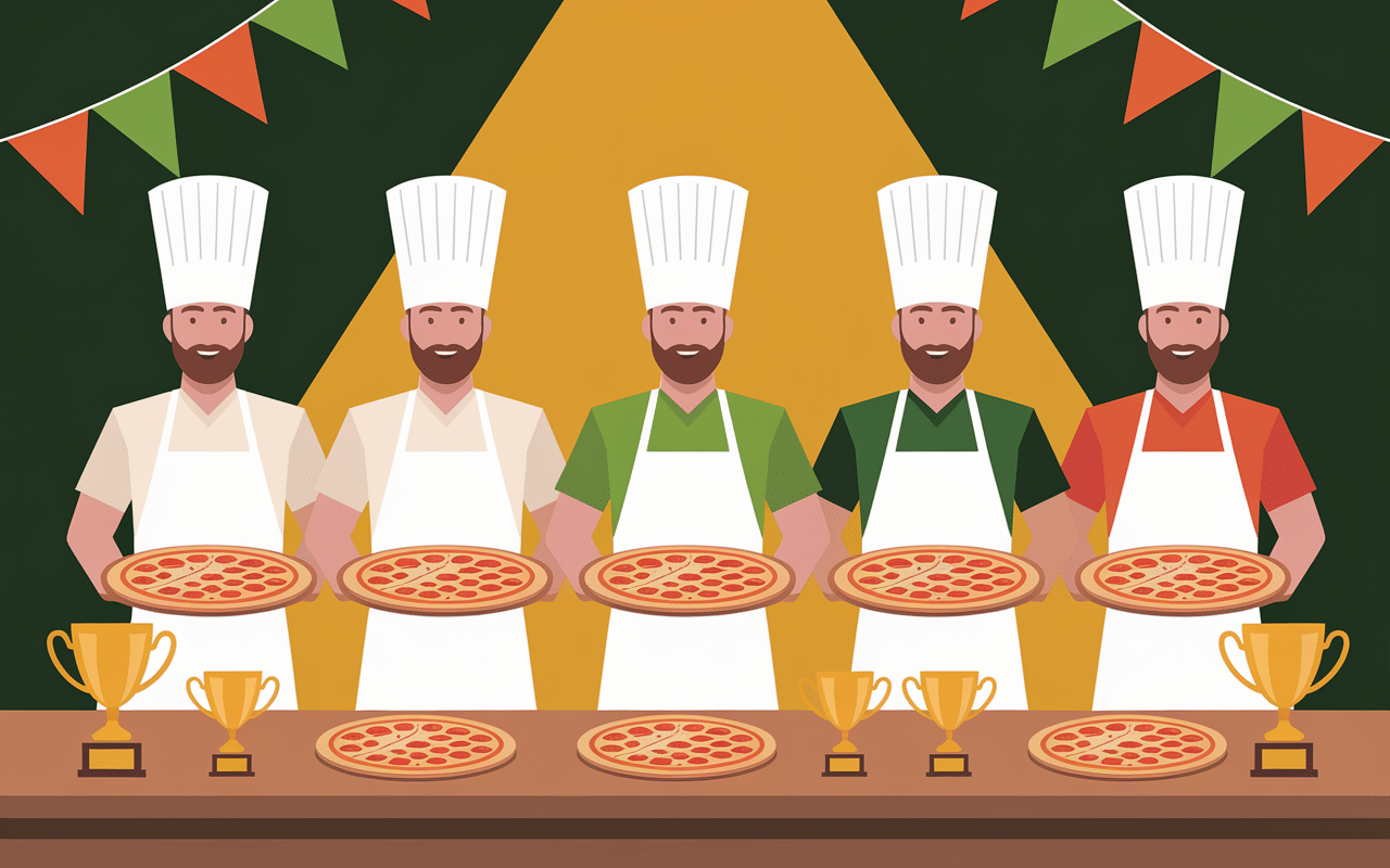 Scène concours pizza campione avec jury et trophées