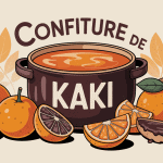 Pot confiture de kaki avec kakis mûrs et feuilles automne