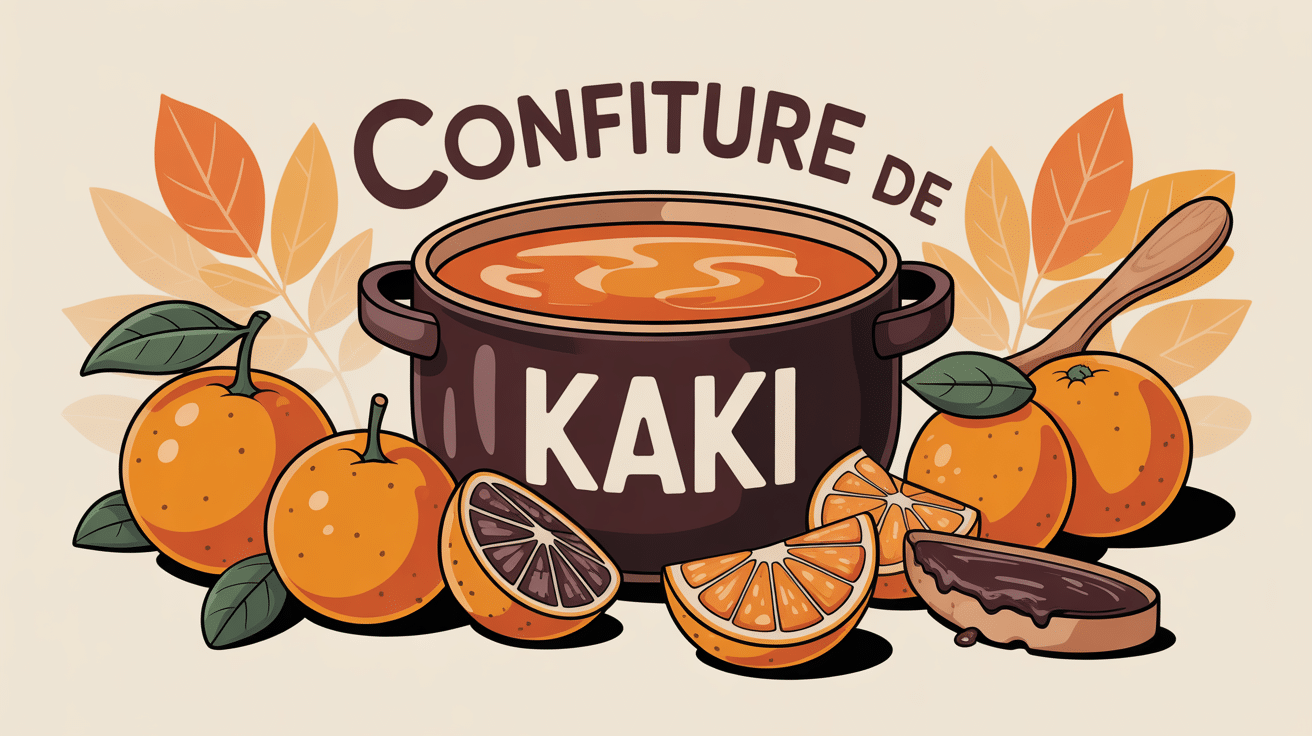 Pot confiture de kaki avec kakis mûrs et feuilles automne