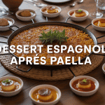 Table avec dessert espagnol après une paella, ambiance méditerranéenne