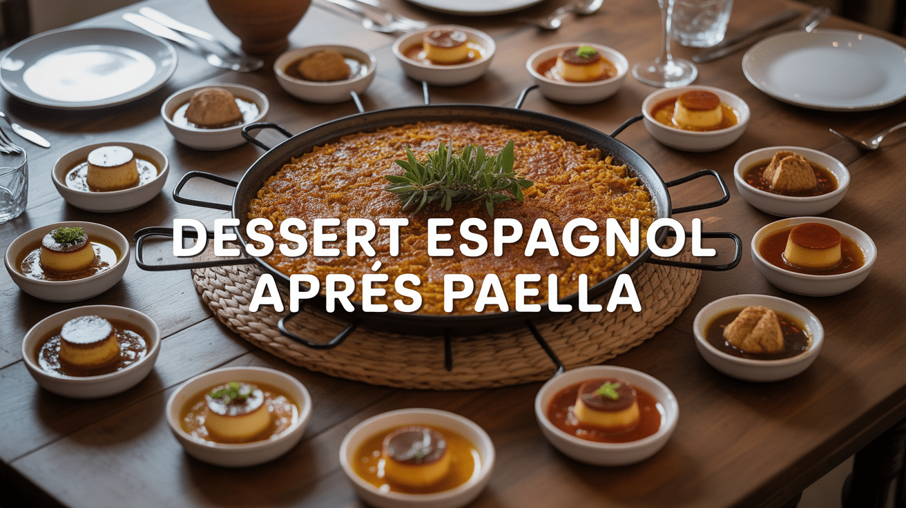 Table avec dessert espagnol après une paella, ambiance méditerranéenne