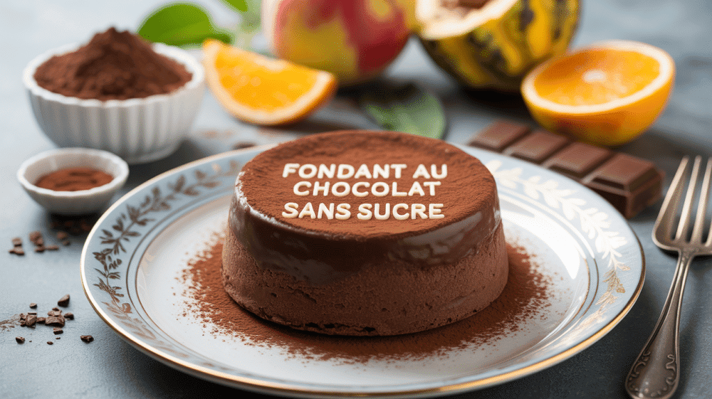 fondant au chocolat sans sucre, assiette avec cacao et édulcorants