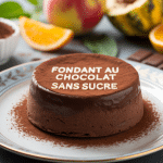 fondant au chocolat sans sucre, assiette avec cacao et édulcorants