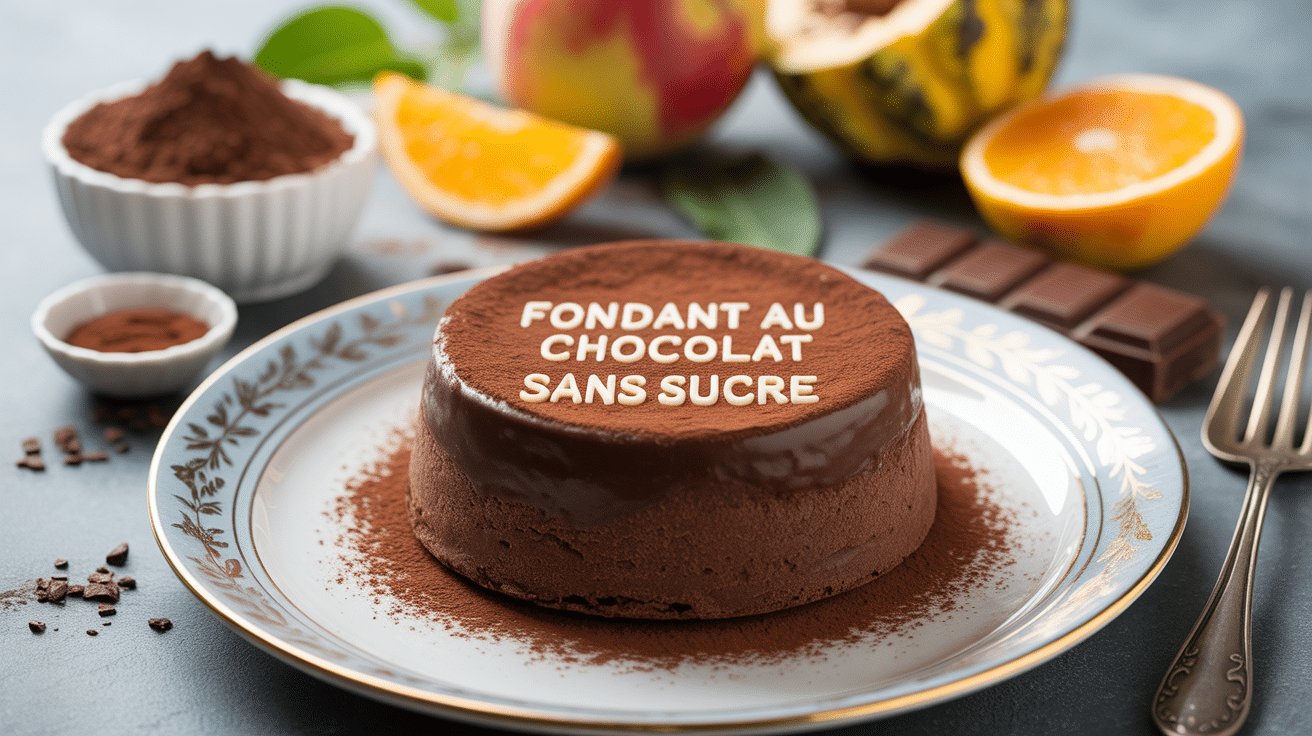 fondant au chocolat sans sucre, assiette avec cacao et édulcorants