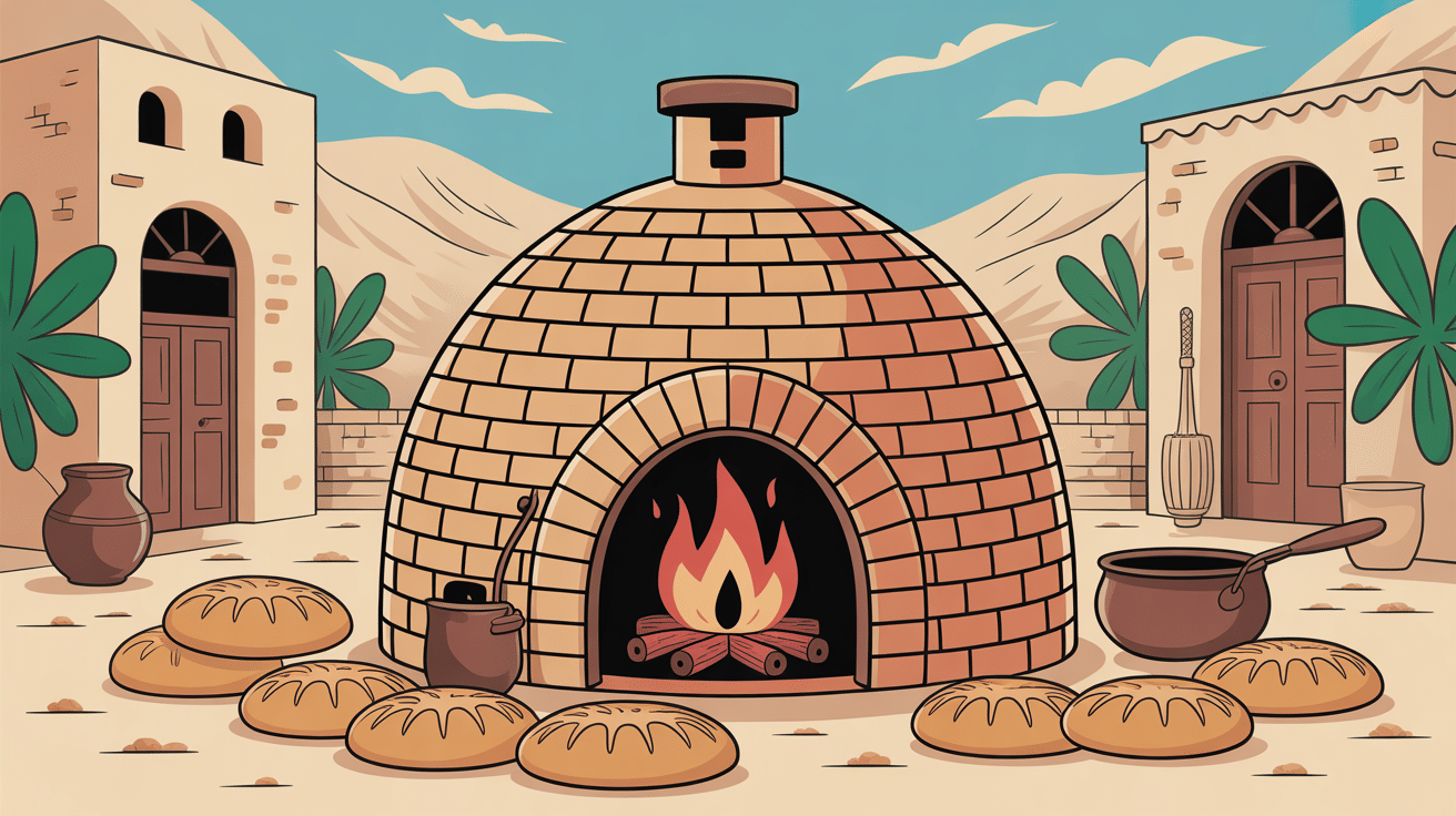 four palestinien traditionnel en dôme avec pains et ustensiles