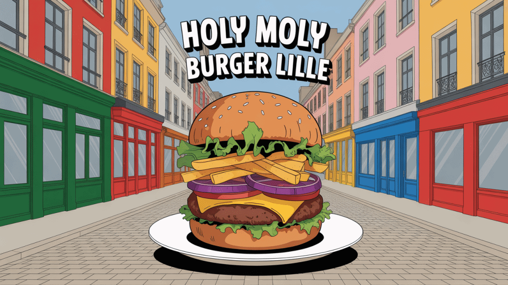 Burger gourmet Holy Moly Burger Lille sur rue pavée colorée