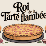 Le roi de la tarte flambée avec ingrédients autour et four à bois