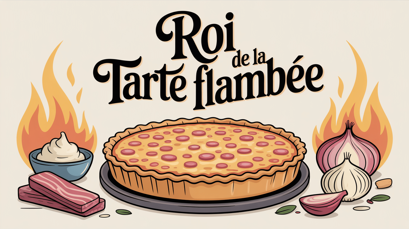 Le roi de la tarte flambée avec ingrédients autour et four à bois