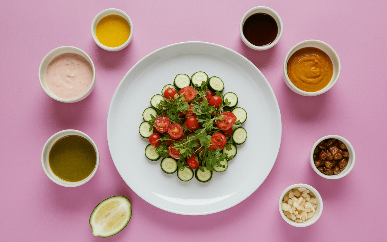 Pierrade accompagnement avec salades roquette légumes sauces