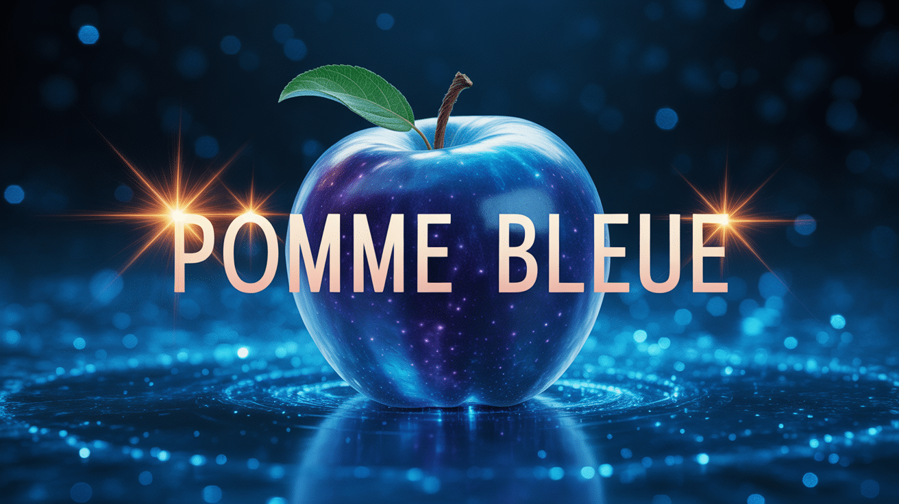pomme bleue magique flottante avec titre lumineux