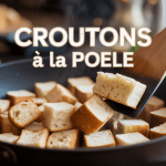 recette croûtons à la poêle gros plan croûtons dorés poêle fonte