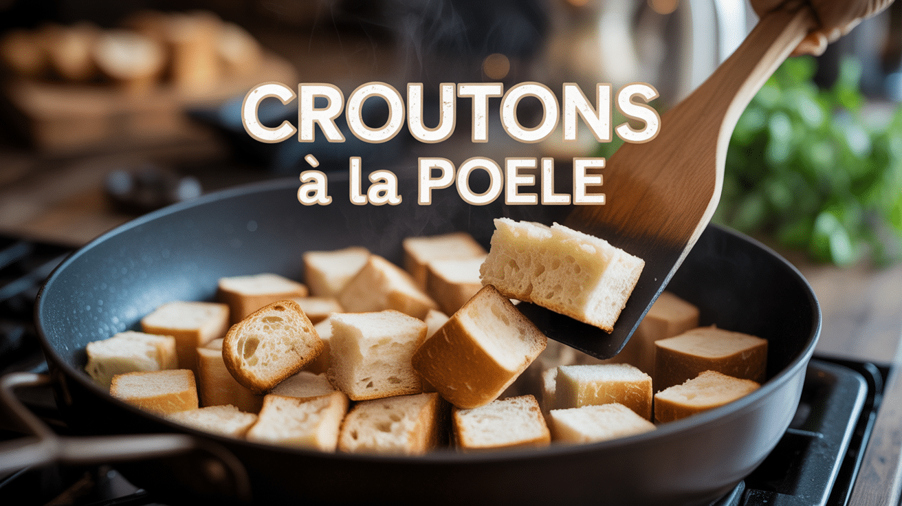 recette croûtons à la poêle gros plan croûtons dorés poêle fonte