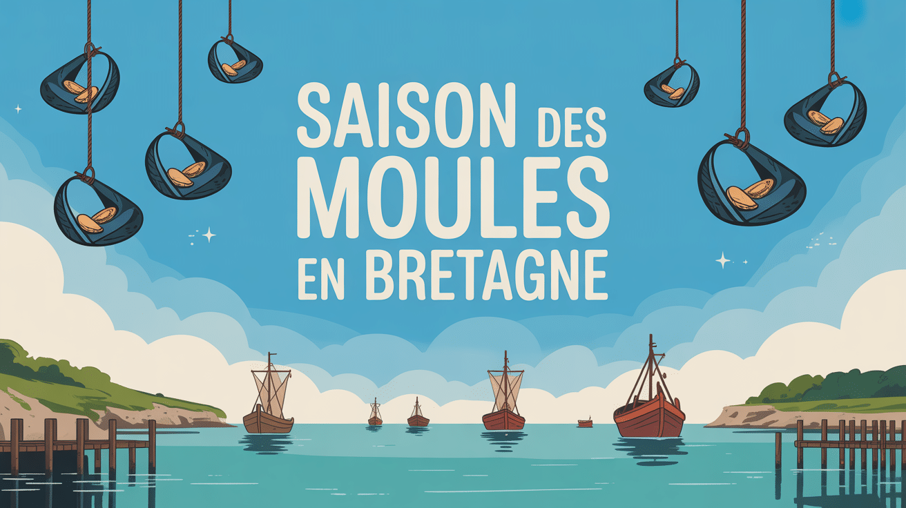 Vue côtière saison des moules Bretagne bouchots