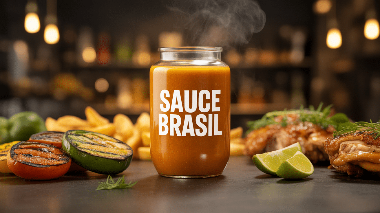 Bouteille de sauce brasil avec frites, poulet et légumes grillés