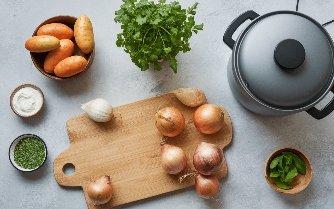 Préparation avec ingrédients pour velouté de topinambour