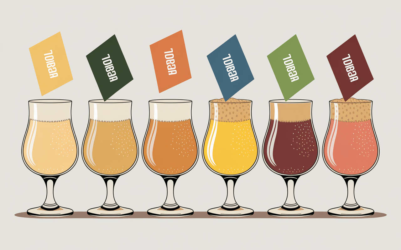 Différents styles de bière blonde en verres alignés