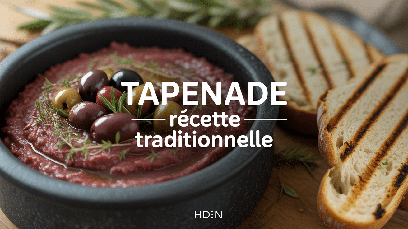 Bol de tapenade recette traditionnelle, olives, pain grillé