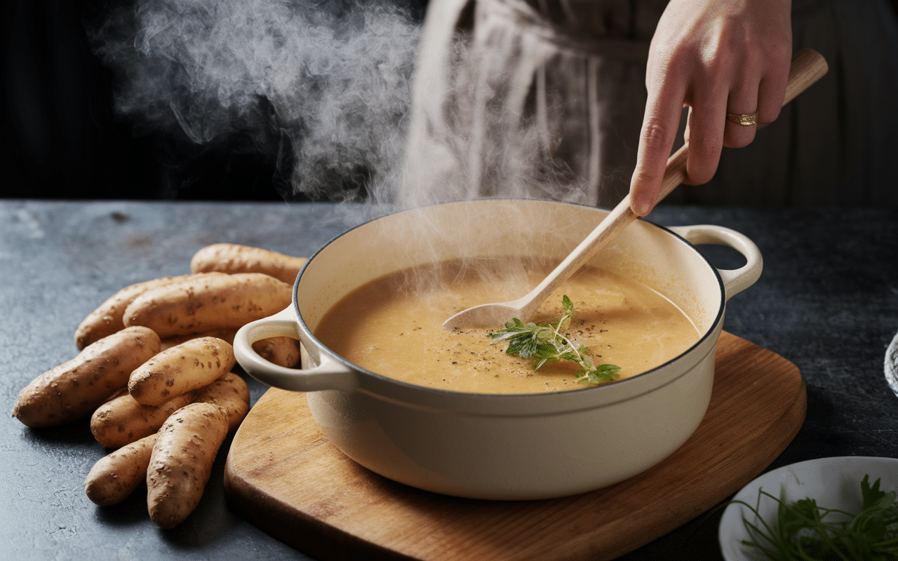Tubercules et préparation de velouté de topinambour dans une casserole
