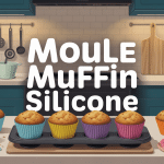 Moule muffin silicone coloré avec muffins dorés sur plan de travail