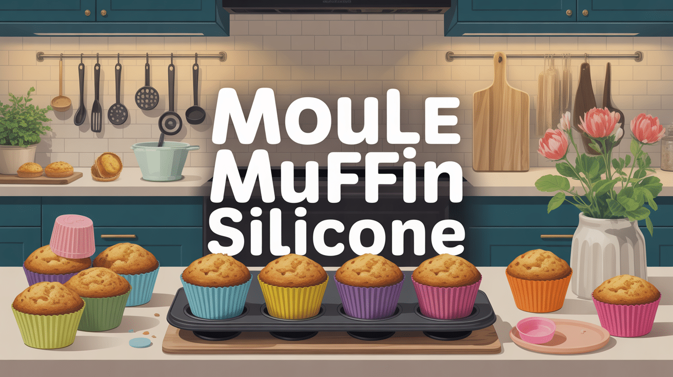 Moule muffin silicone coloré avec muffins dorés sur plan de travail