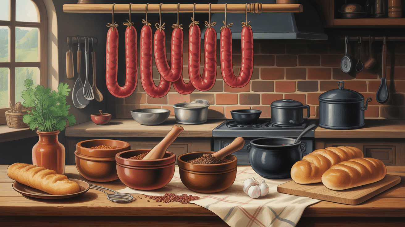 Cuisine médiévale avec alheira, pain, ail