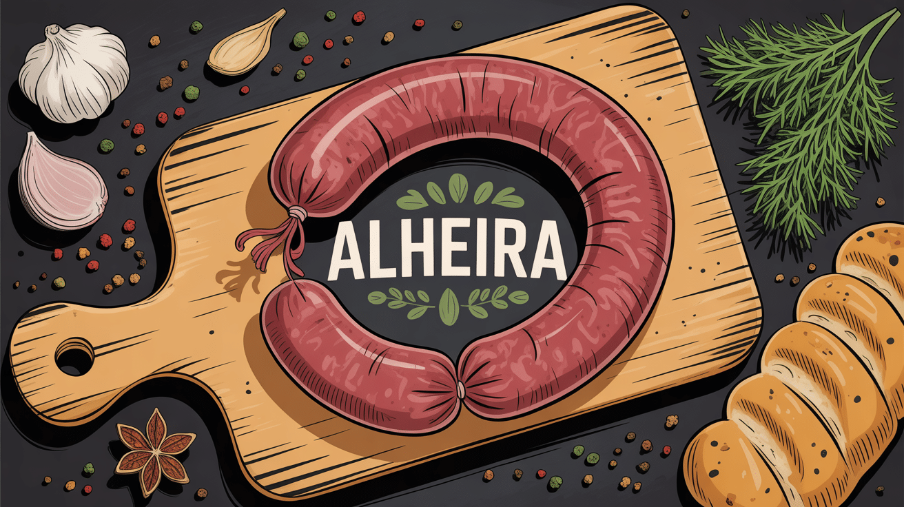 Alheira saucisse portugaise sur planche, épices, pain